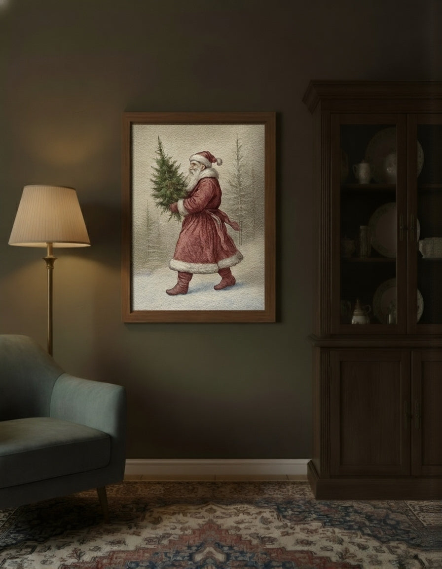 Vintage Santa Claus Matte Poster | Classic Christmas Tree Wall Art | Winter Holiday Print