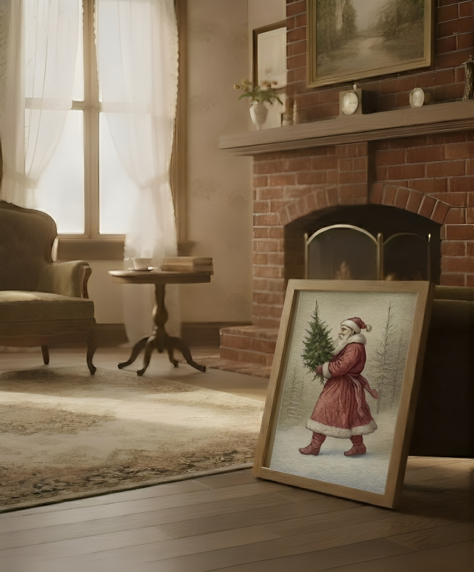 Vintage Santa Claus Matte Poster | Classic Christmas Tree Wall Art | Winter Holiday Print