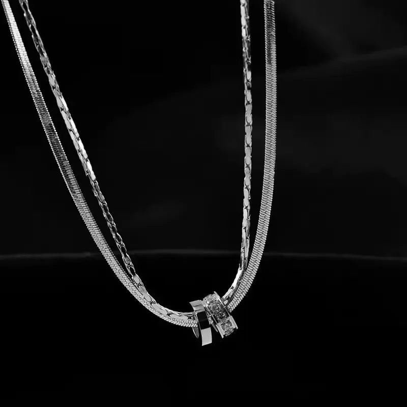 Double-Layer Stainless Steel Necklace with Crystal Bead | Layered Clavicle Chain for Women | Party-Ready Jewelry