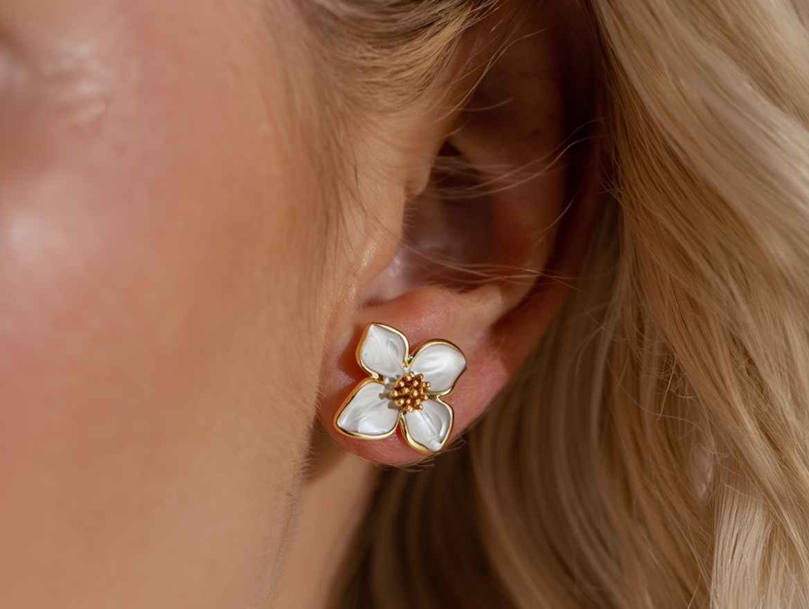 Elegant White Enamel Flower Earrings┃Delicate Piercing Jewelry for Women | Cute Party & Everyday Accessory