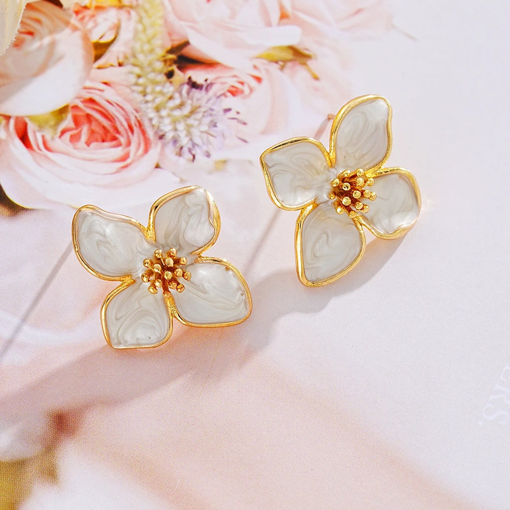 Elegant White Enamel Flower Earrings┃Delicate Piercing Jewelry for Women | Cute Party & Everyday Accessory