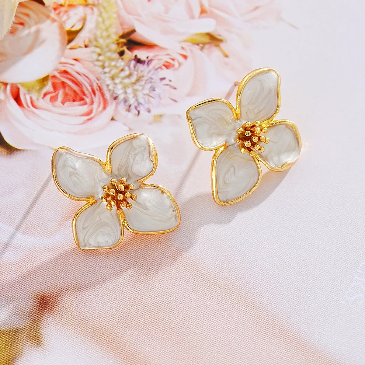 Elegant White Enamel Flower Earrings┃Delicate Piercing Jewelry for Women | Cute Party & Everyday Accessory