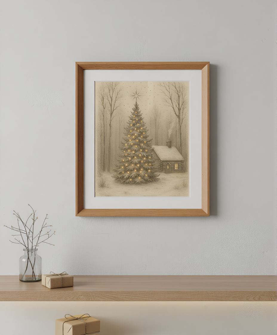 Vintage Christmas Tree Poster | Cozy Cabin Holiday Wall Art | Matte Vertical Print