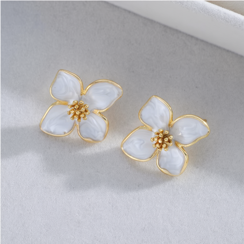 Elegant White Enamel Flower Earrings┃Delicate Piercing Jewelry for Women | Cute Party & Everyday Accessory
