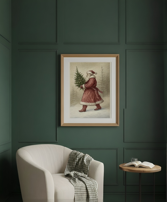 Vintage Santa Claus Matte Poster | Classic Christmas Tree Wall Art | Winter Holiday Print
