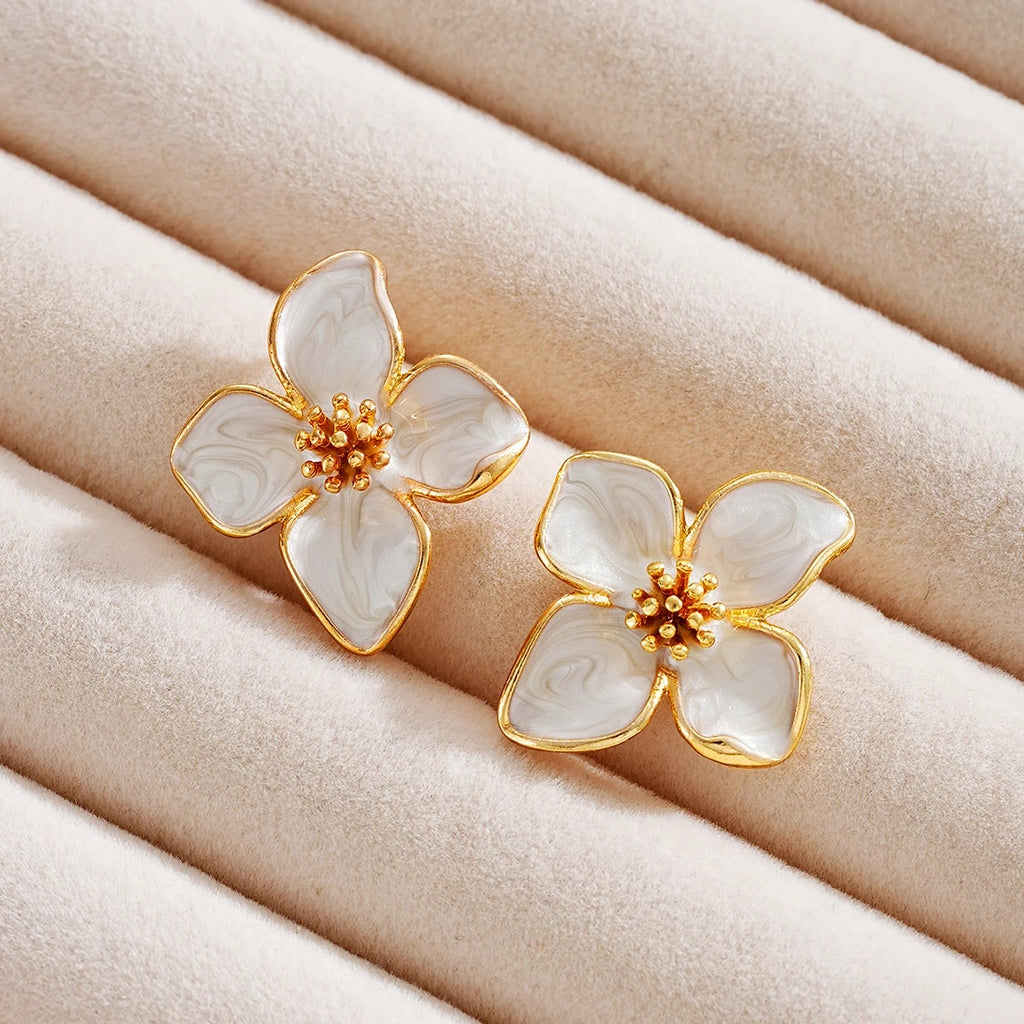 Elegant White Enamel Flower Earrings┃Delicate Piercing Jewelry for Women | Cute Party & Everyday Accessory