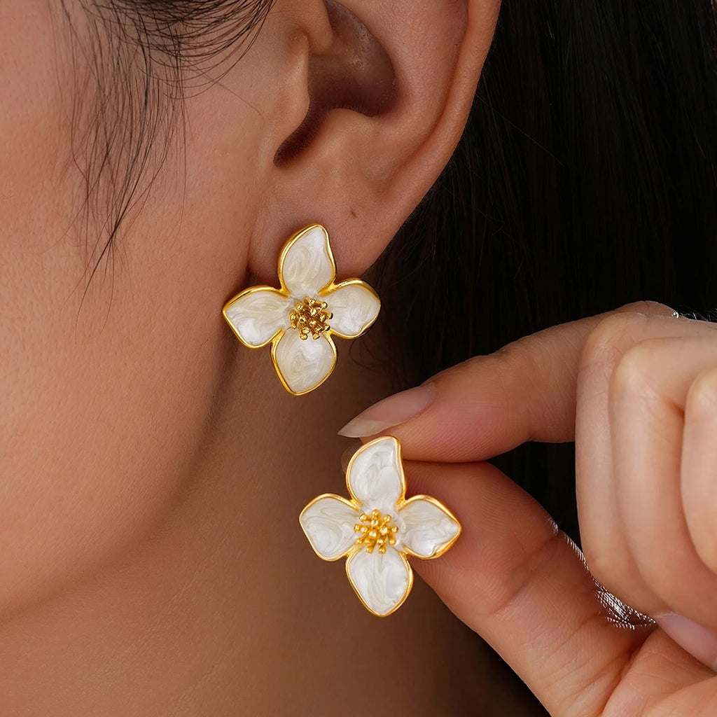Elegant White Enamel Flower Earrings┃Delicate Piercing Jewelry for Women | Cute Party & Everyday Accessory