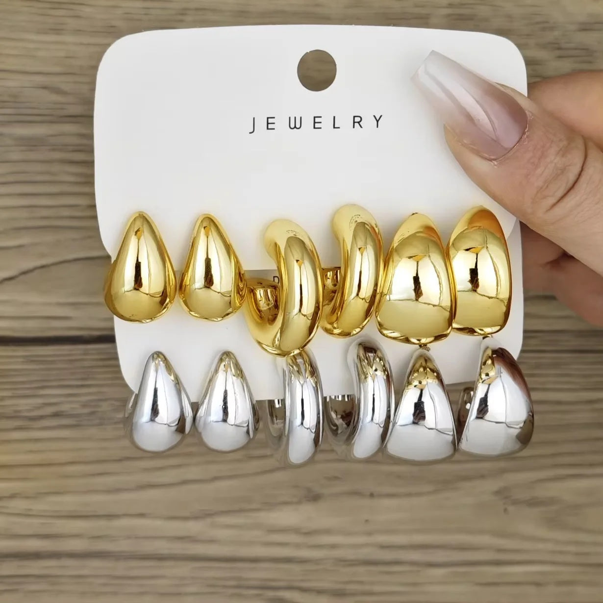 6-Pack Chunky Gold-Plated Waterdrop Hoop Earrings | Minimalist Smooth Drop Hoops | Set for Women
