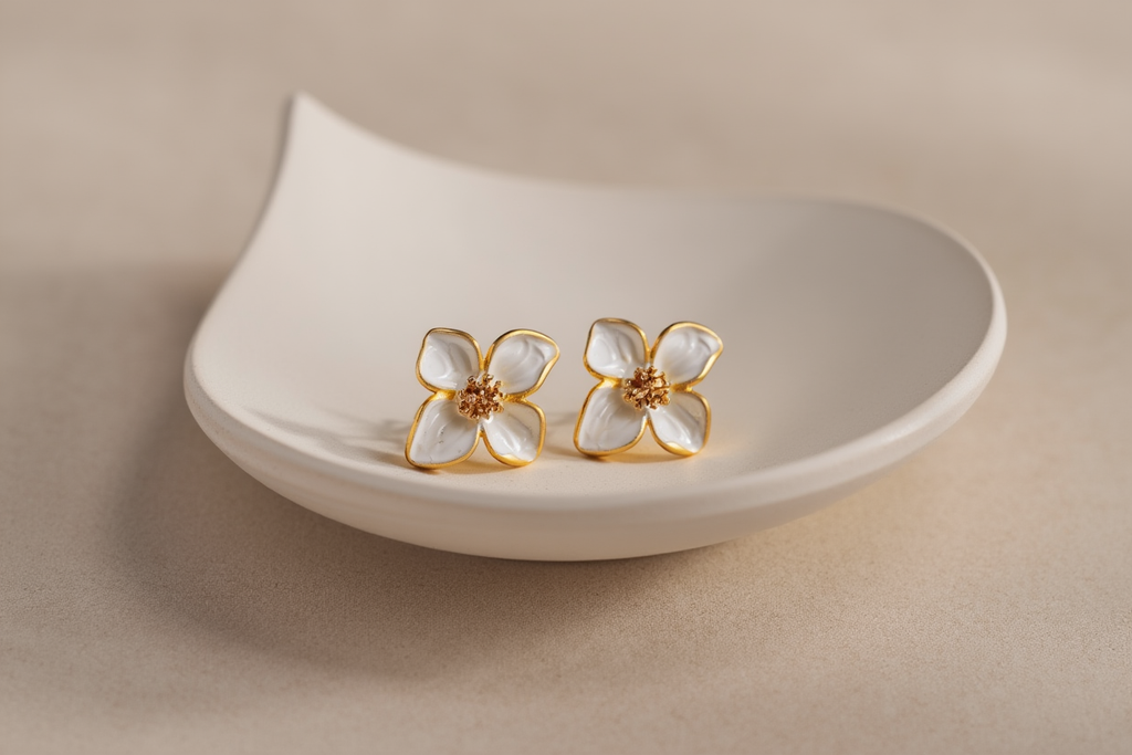 Elegant White Enamel Flower Earrings┃Delicate Piercing Jewelry for Women | Cute Party & Everyday Accessory