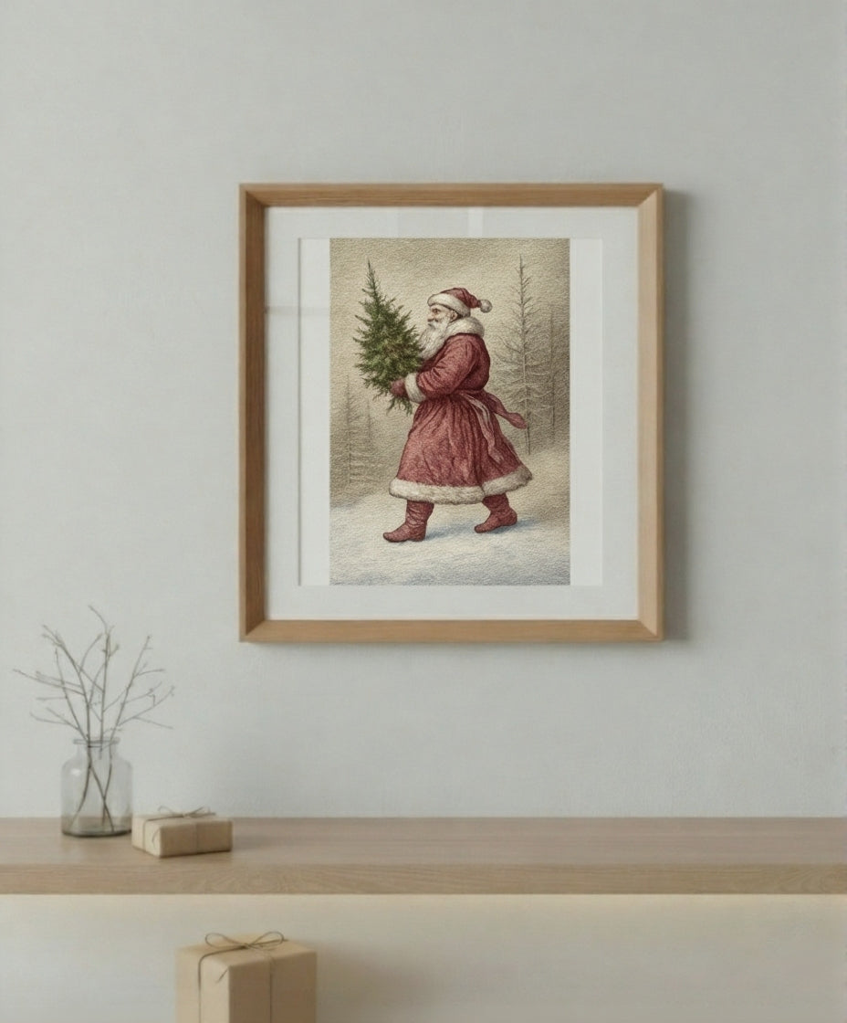Vintage Santa Claus Matte Poster | Classic Christmas Tree Wall Art | Winter Holiday Print