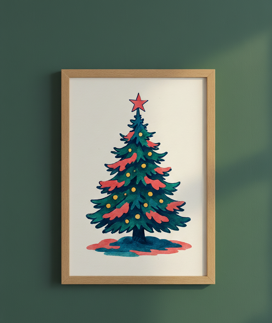 Christmas Tree Matte Poster | Retro Hand-Drawn Holiday Wall Art | Vintage Christmas Decor