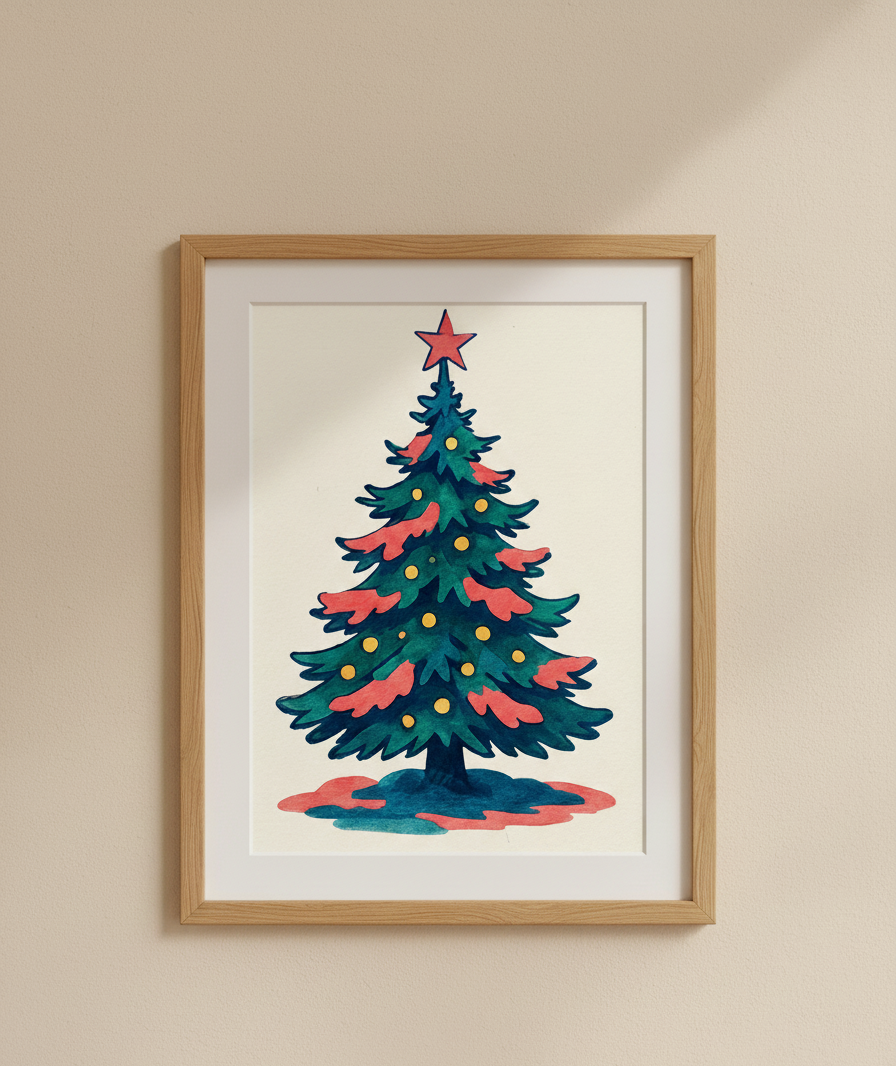 Christmas Tree Matte Poster | Retro Hand-Drawn Holiday Wall Art | Vintage Christmas Decor