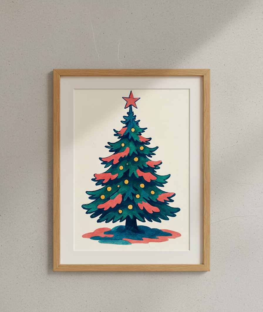 Christmas Tree Matte Poster | Retro Hand-Drawn Holiday Wall Art | Vintage Christmas Decor
