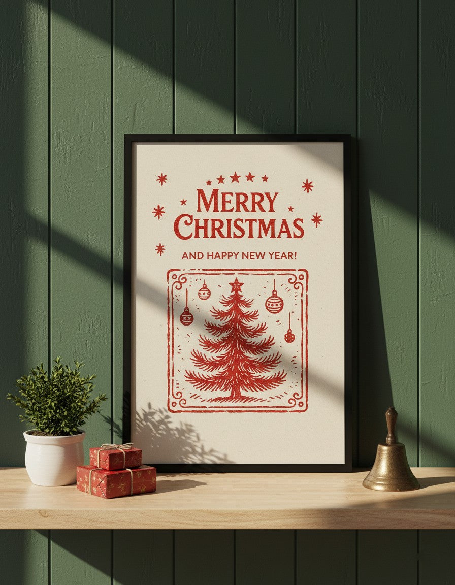 Merry Christmas Vintage Tree Matte Poster | Classic Holiday Wall Decor | Retro Christmas Print