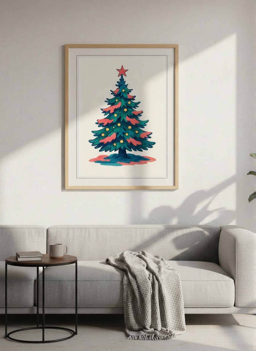 Christmas Tree Matte Poster | Retro Hand-Drawn Holiday Wall Art | Vintage Christmas Decor