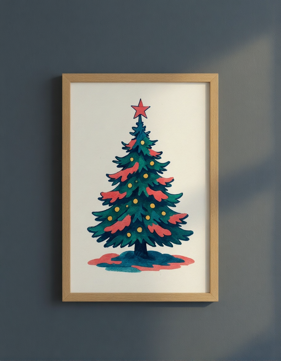 Christmas Tree Matte Poster | Retro Hand-Drawn Holiday Wall Art | Vintage Christmas Decor