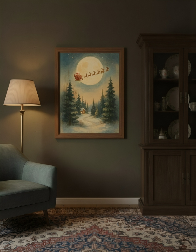 Christmas Moon Santa Poster — Matte Vertical Holiday Wall Art