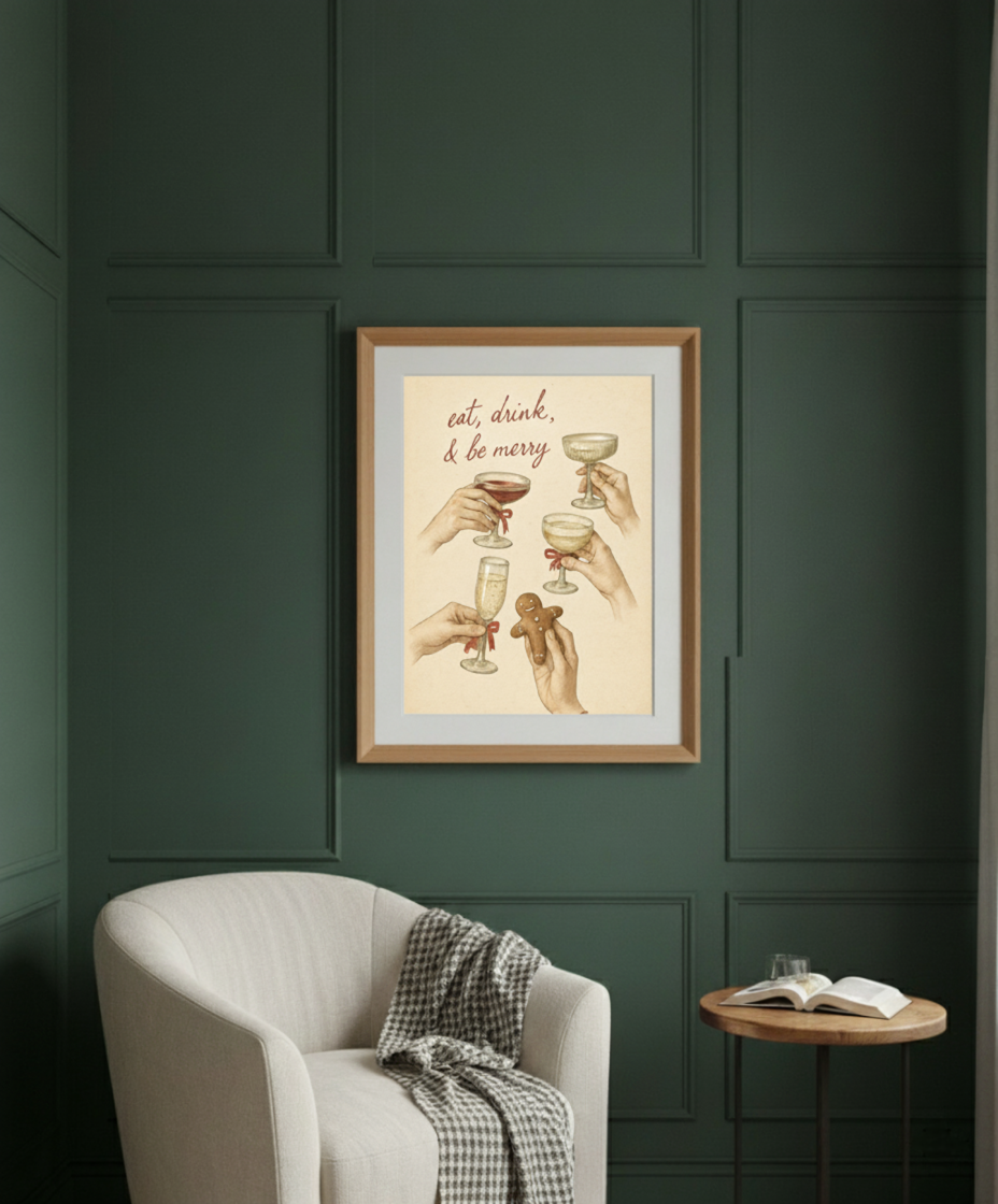 Eat, Drink & Be Merry Holiday Poster | Festive Christmas Wall Art | Matte Vertical Print